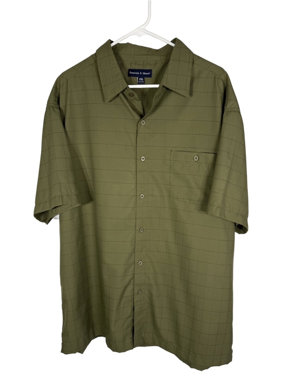Preswick & Moore Olive Short-Sleeve Button-Up Grid Pattern Shirt Men’s XXL